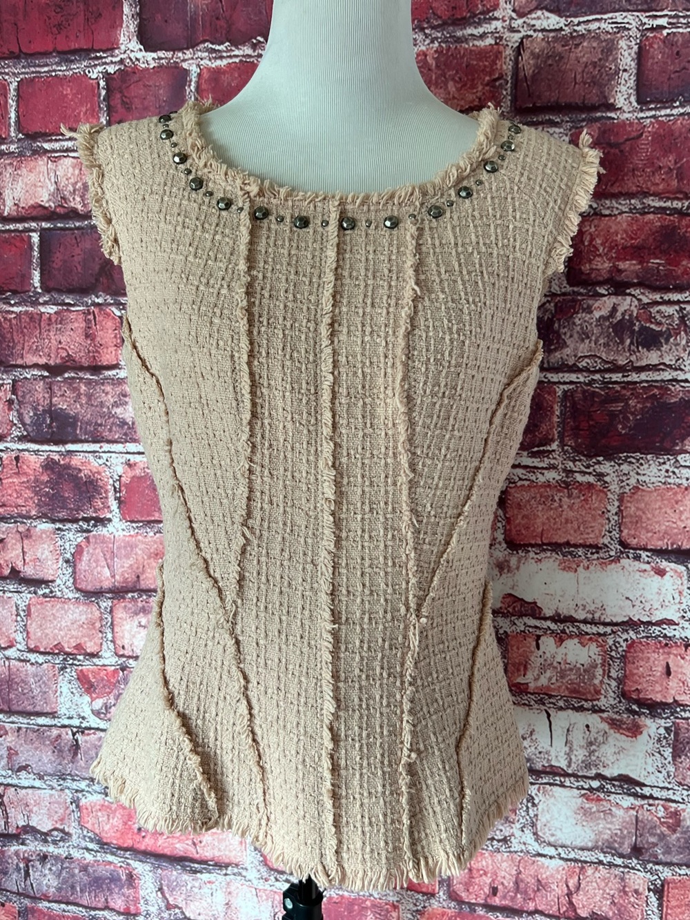 REBECCA TAYLOR Beige Tweed Studded Raw Hem Peplum Top 6